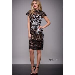 Jovani Maslavi Black Ivory Lace High Neck Dress Size 0 NWT